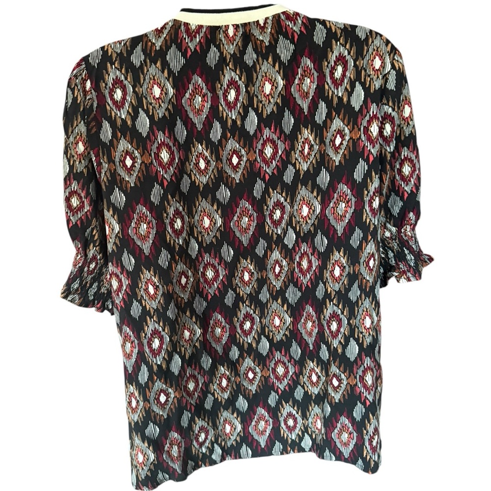 NWT THML Black Multicolor Ikat Print Floral Short Sleeve Blouse 100% Rayon - Picture 5 of 6